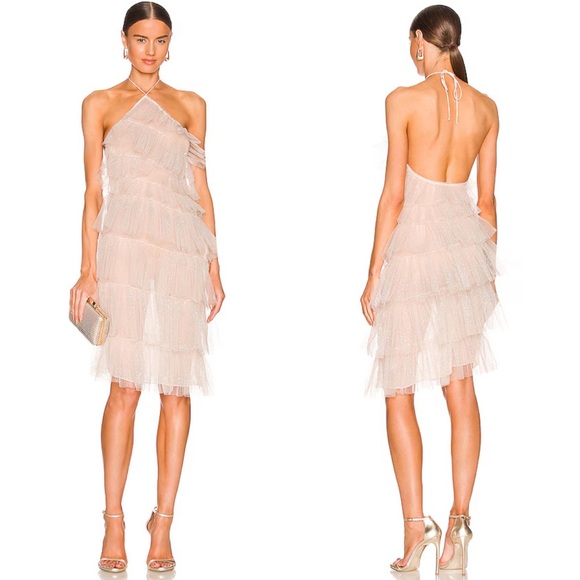 NEW NWOT The Bar Kai Tiered Tulle Halter Midi Dress In Sparkle Nude - Picture 1 of 13
